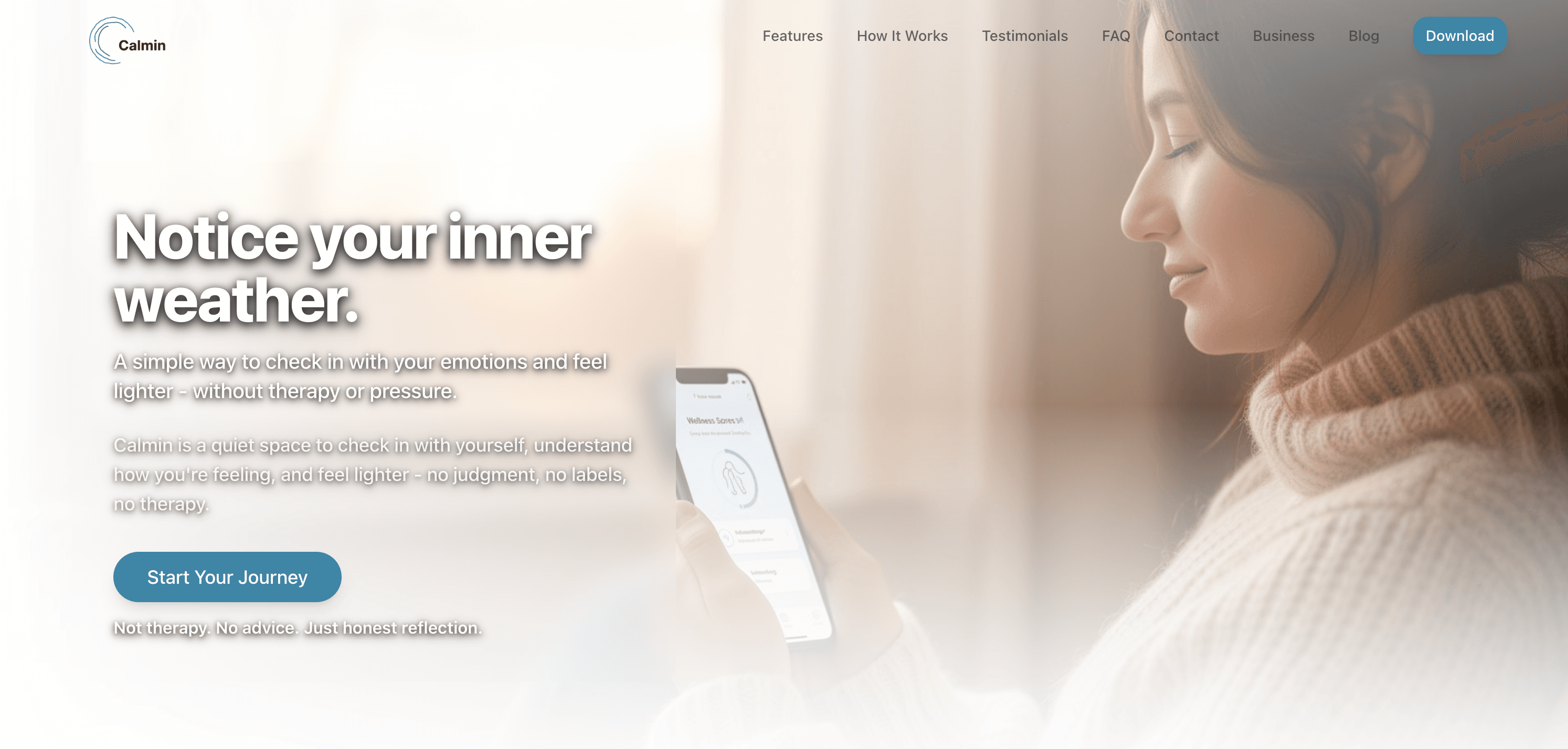 Calmin landing page reading 'Notice your inner weather' beside a phone showing the daily check-in screen