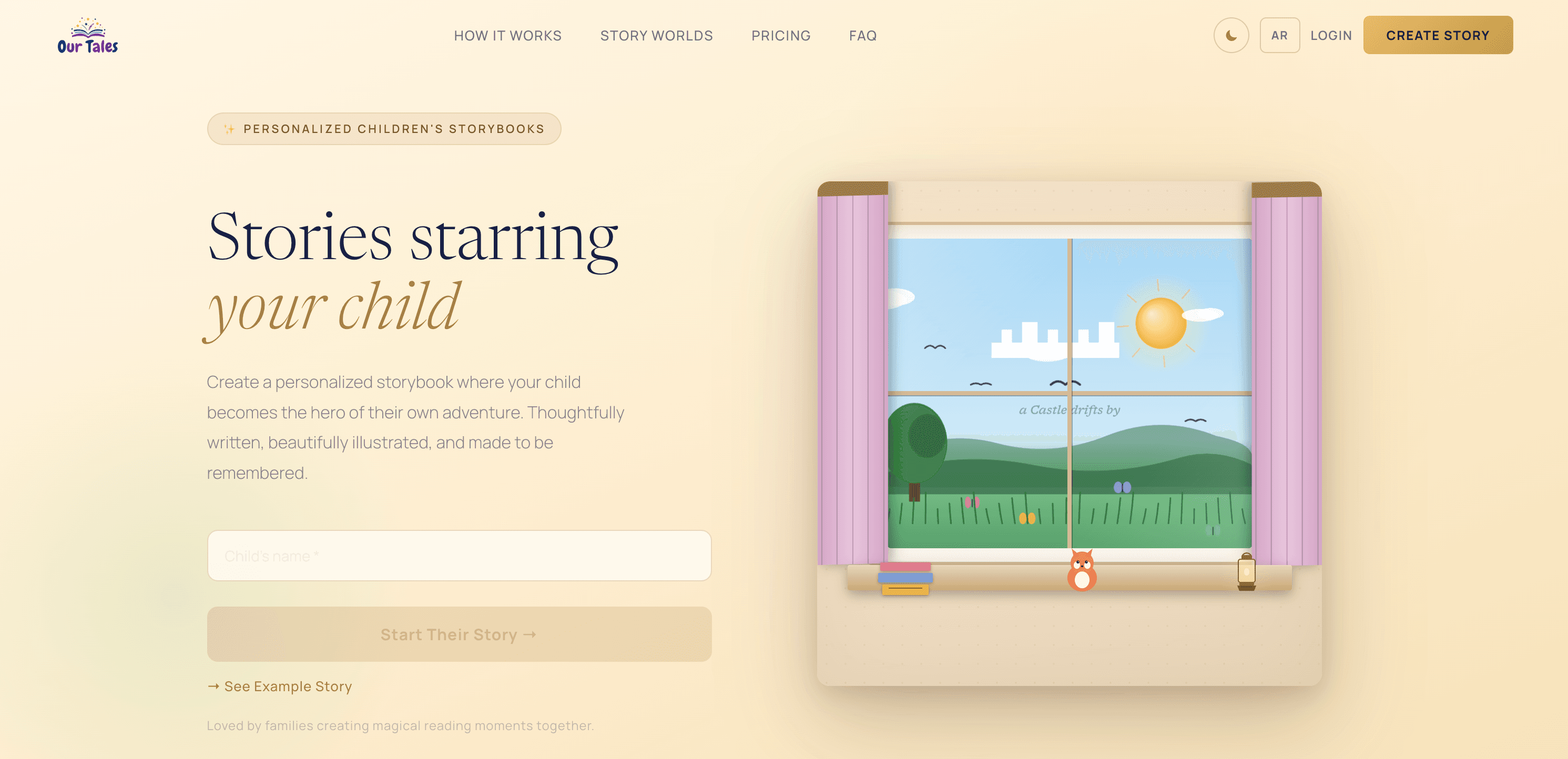 OurTales landing page reading 'Stories starring your child' beside an illustrated night-window scene and a child's-name input field